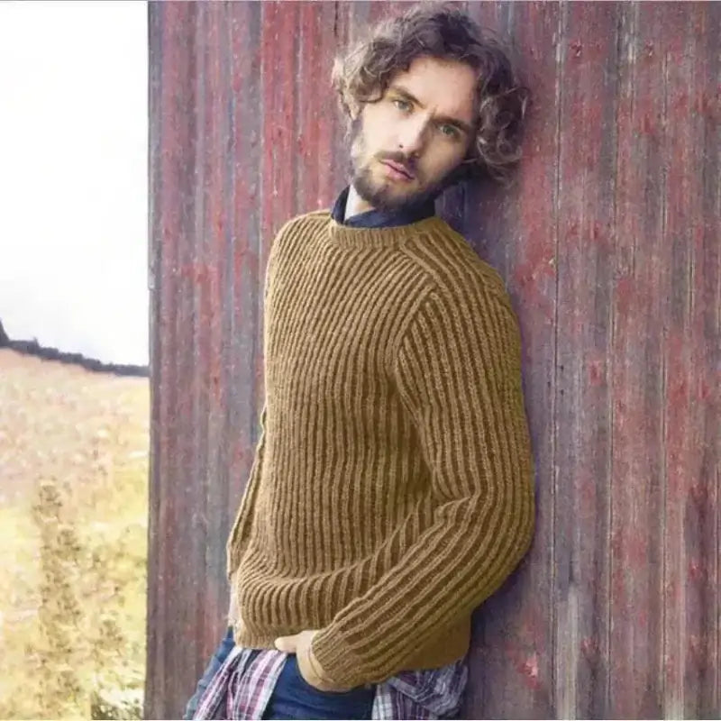 sweaters - Man Wearing Yellow Sweater Long Sleeve Straight Round Pullover