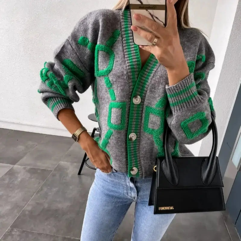 jumpers, Autumn Winter Gray Jacquard Knitted Coat