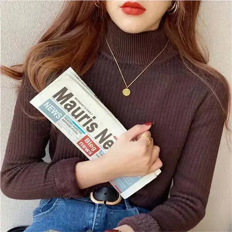 jumpers ,Women's Wearing Dark Brown Turtleneck Sweater Winter 2025 Retro with Velvet Lining