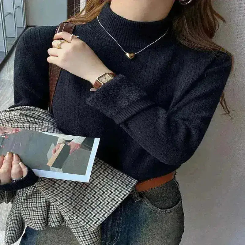 jumpers, Women's Wearing Dark Grey Turtleneck Sweater Winter 2025 Retro with Velvet Lining