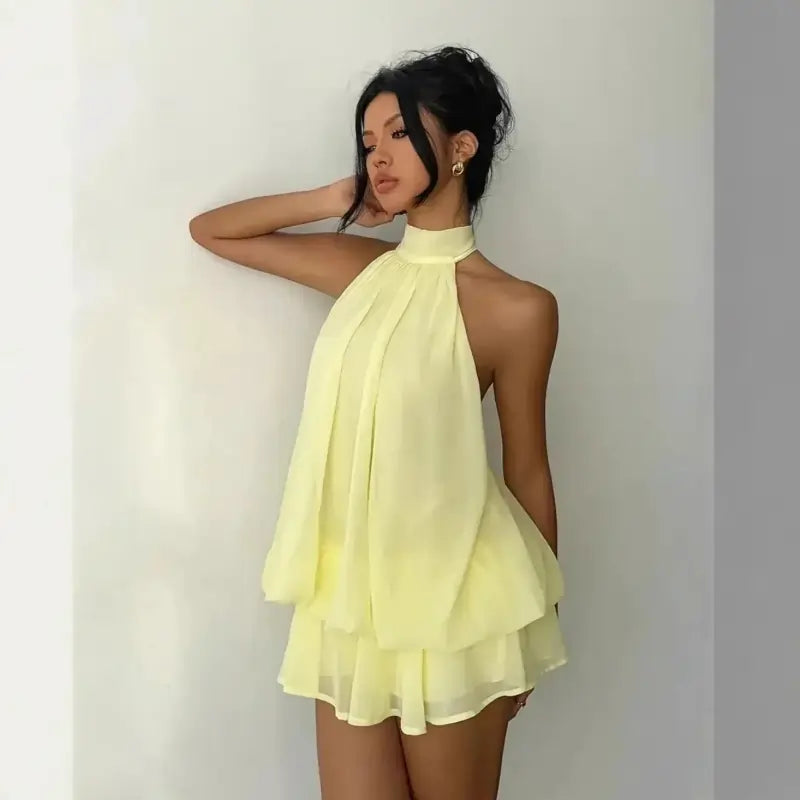 ladies dresses uk | Women's Halter Neck Dress, Backless Tie-Front Chiffon Yellow