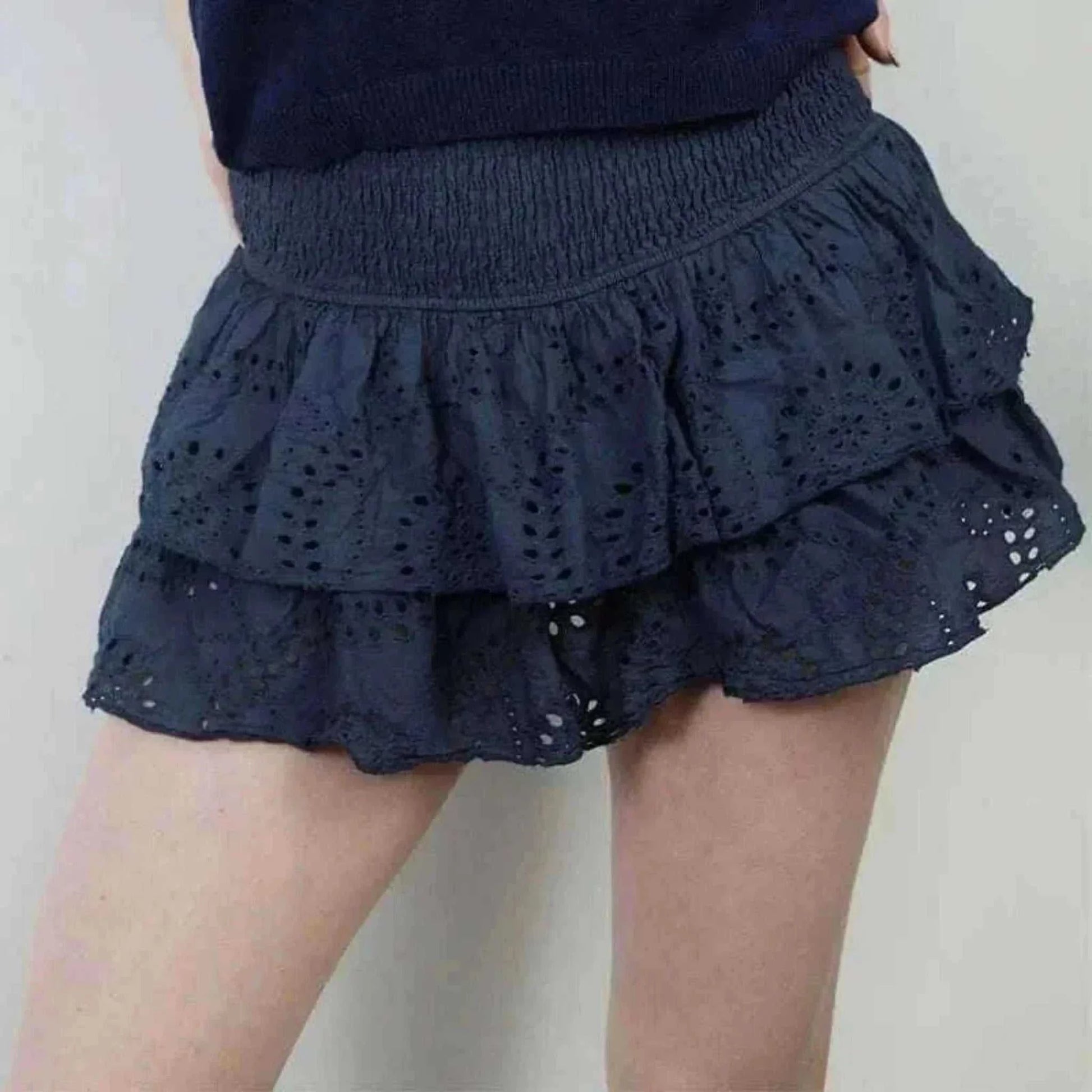 Women Blue Y2K Ruffle Layered Hollow Mini Skirts