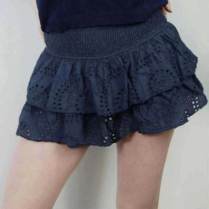 Women Blue Y2K Ruffle Layered Hollow Mini Skirts