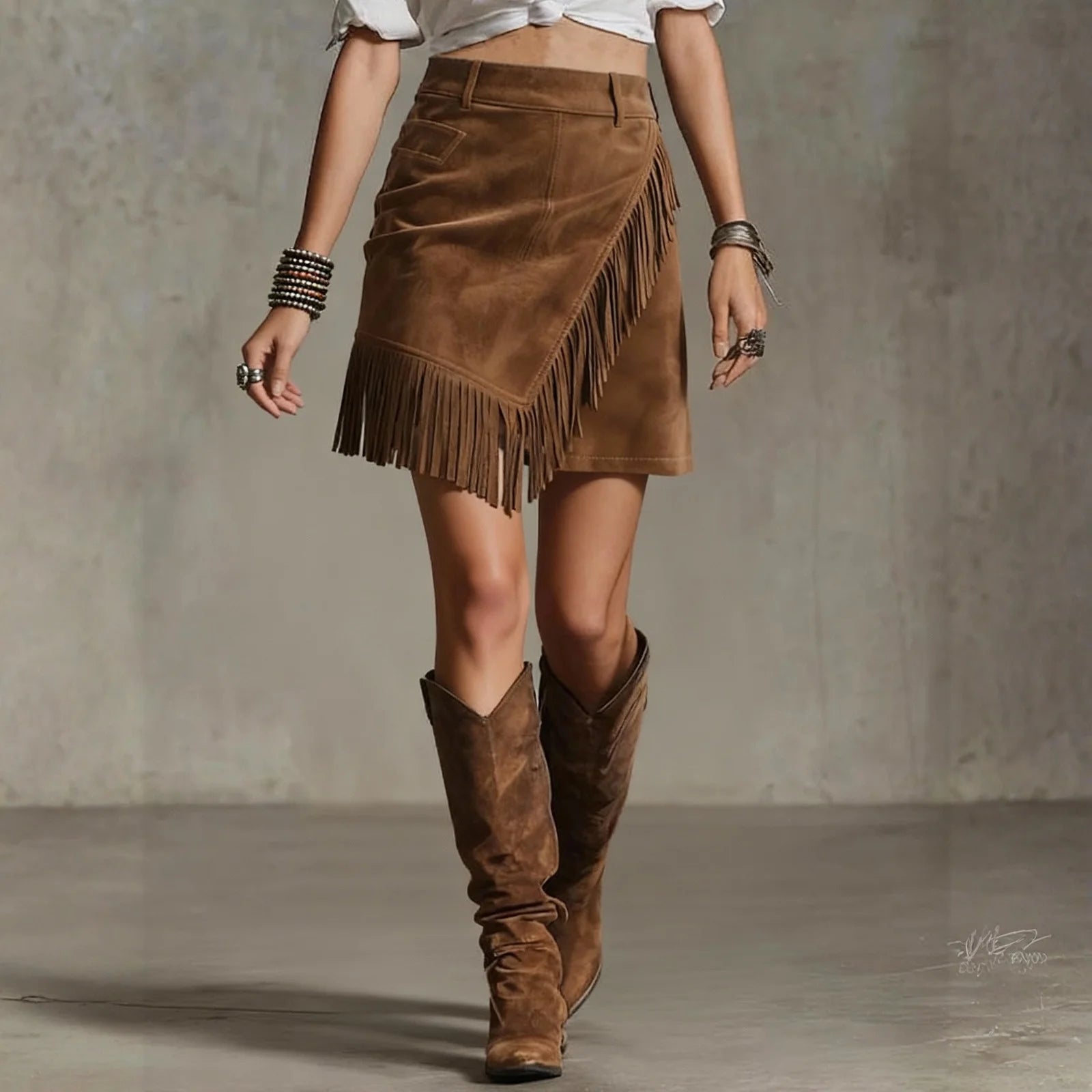 ladies skirts uk  | Tassel Suede Skirt Fashionable Solid Color