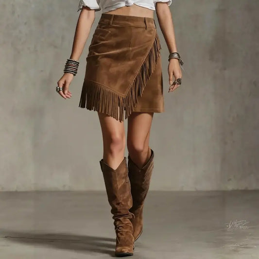 ladies skirts uk  | Tassel Suede Skirt Fashionable Solid Color