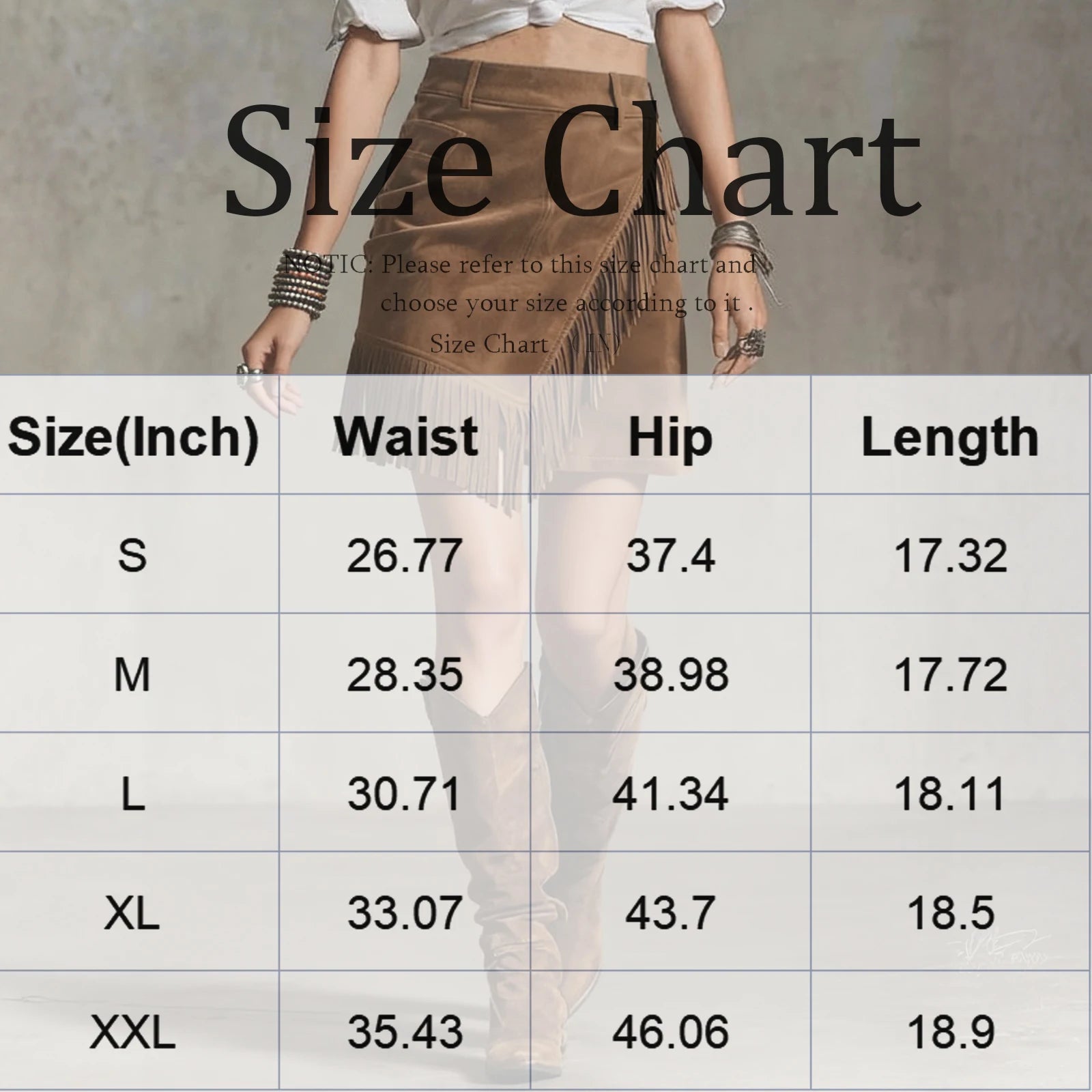 ladies skirts uk  | Tassel Suede Skirt Fashionable Solid Color Size Chart