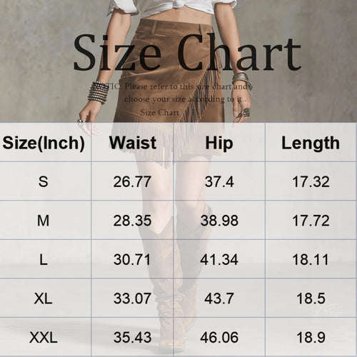 ladies skirts uk  | Tassel Suede Skirt Fashionable Solid Color Size Chart