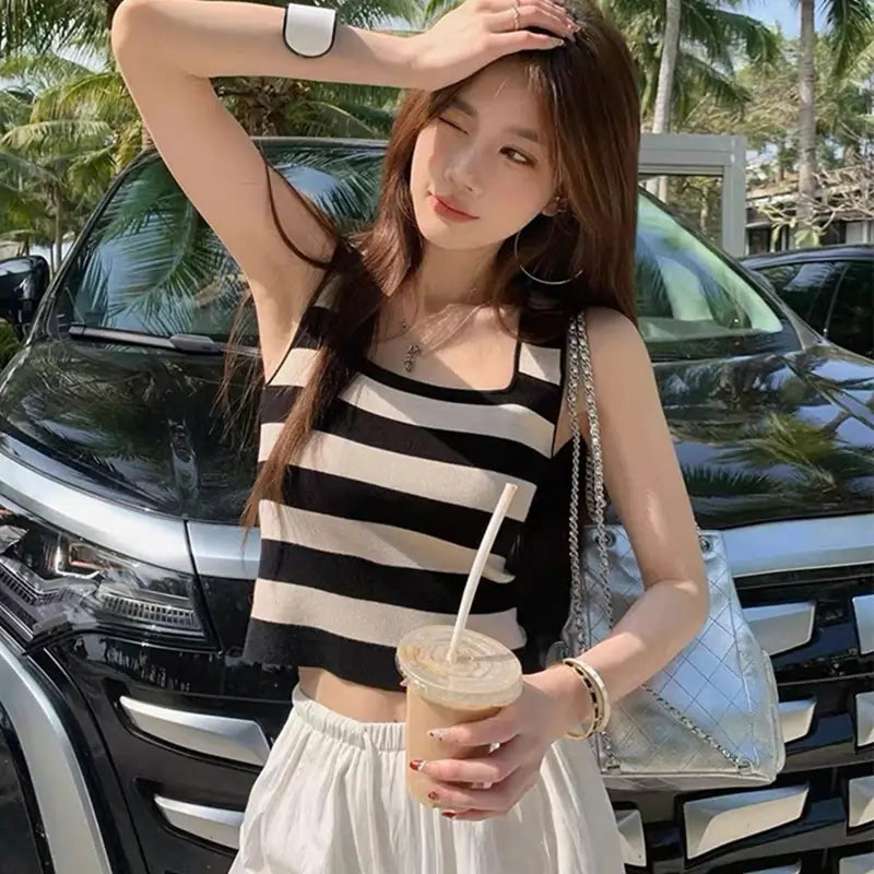 ladies summer tops uk | Women Fashion Summer Square Collar Striped Knitted Tanks