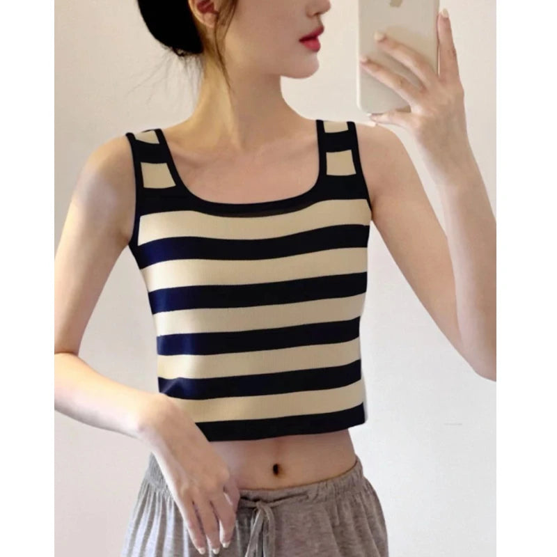ladies summer tops uk | Women Fashion Summer Square Collar Striped Knitted Tanks