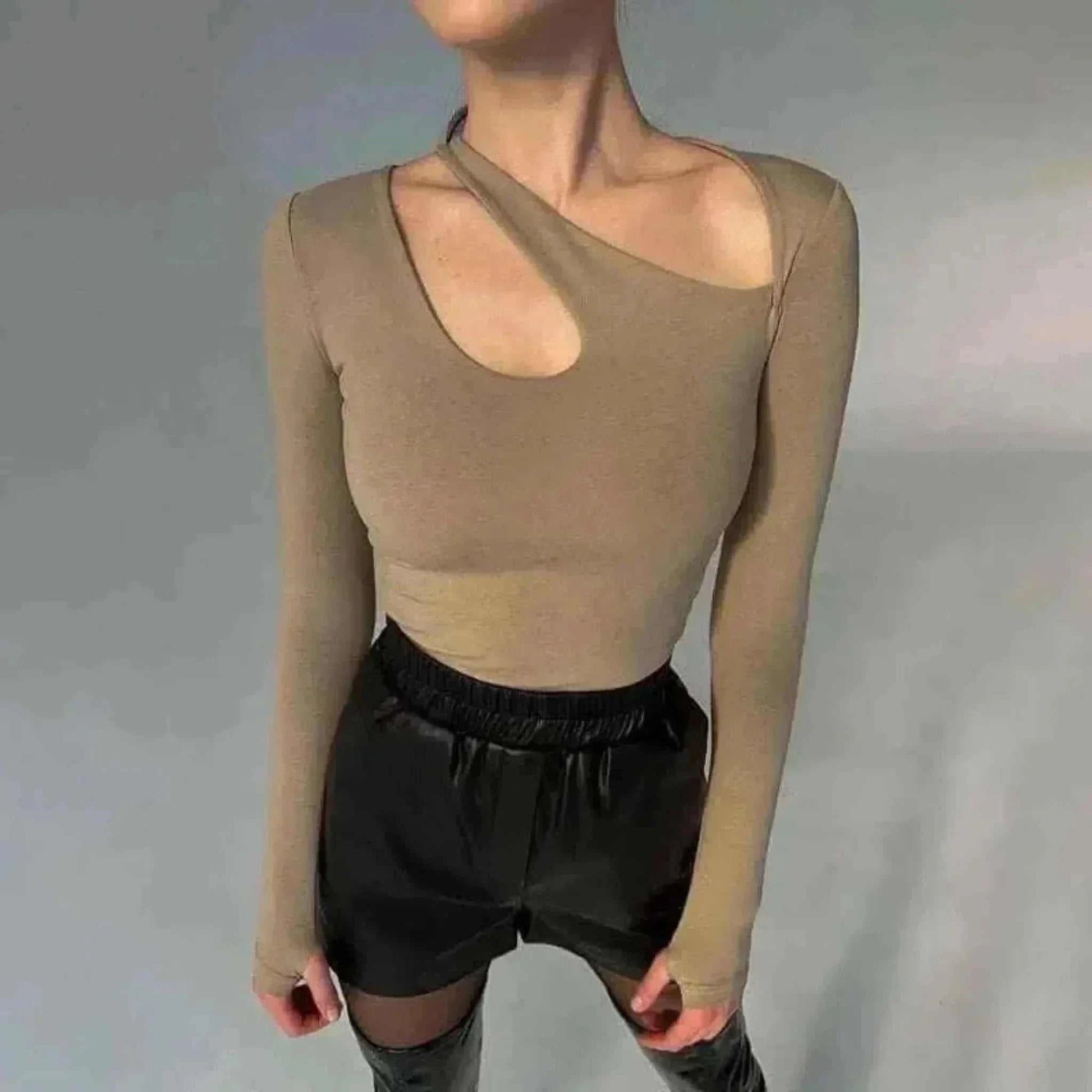 ladies summer tops uk offering Women Wearing Hollowing Irregularity Body Korean Cotton Khaki Top