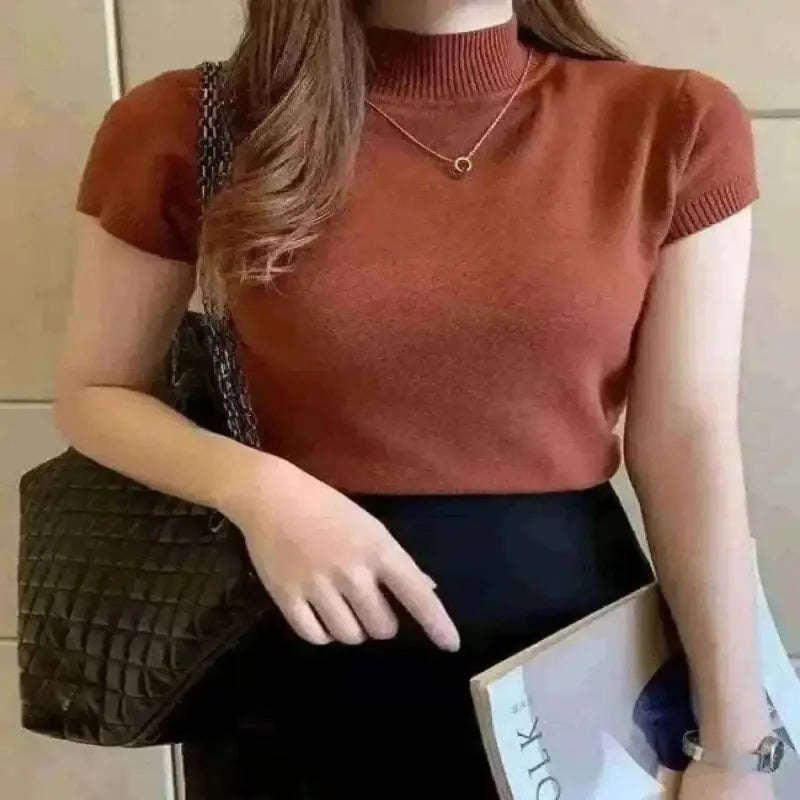 ladies summer tops uk, Women Model Wearing High Brick Red Neck Tops.