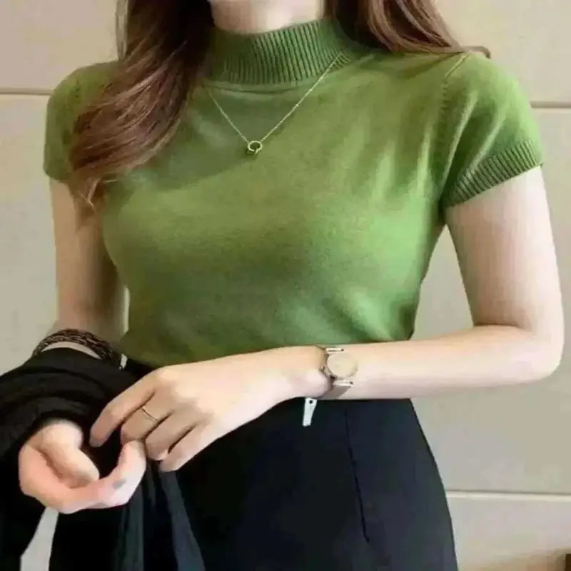 ladies summer tops uk, Women Model Wearing High Light Green Neck Tops.