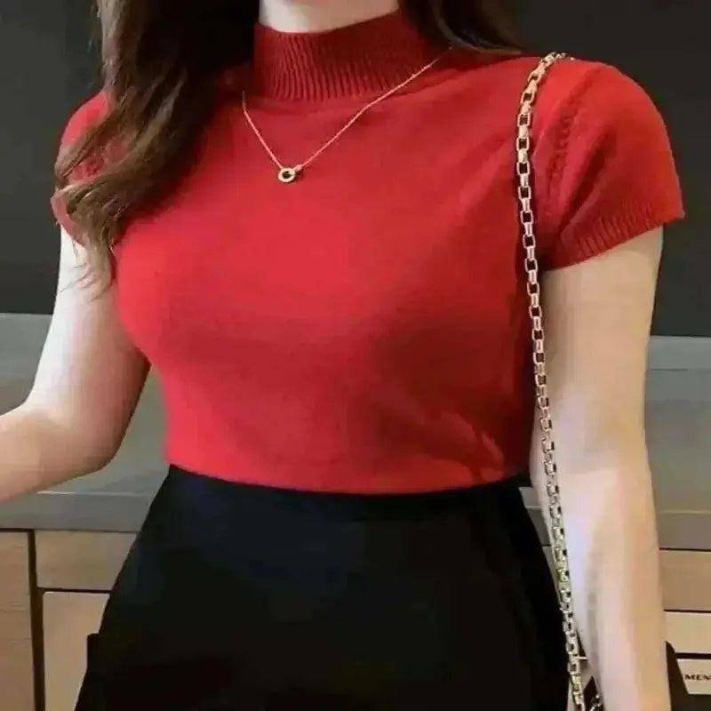 ladies summer tops uk, Women Model Wearing Red High Neck Tops. 
