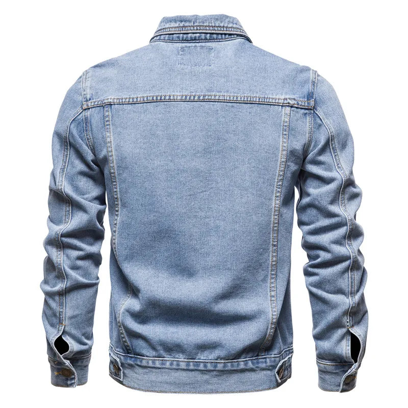 lightweight summer jacket men's uk |  Men Solid Denim Jackets Fashion Motorcycle Vintage Sky Blue Back View