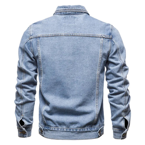 lightweight summer jacket men's uk |  Men Solid Denim Jackets Fashion Motorcycle Vintage Sky Blue Back View