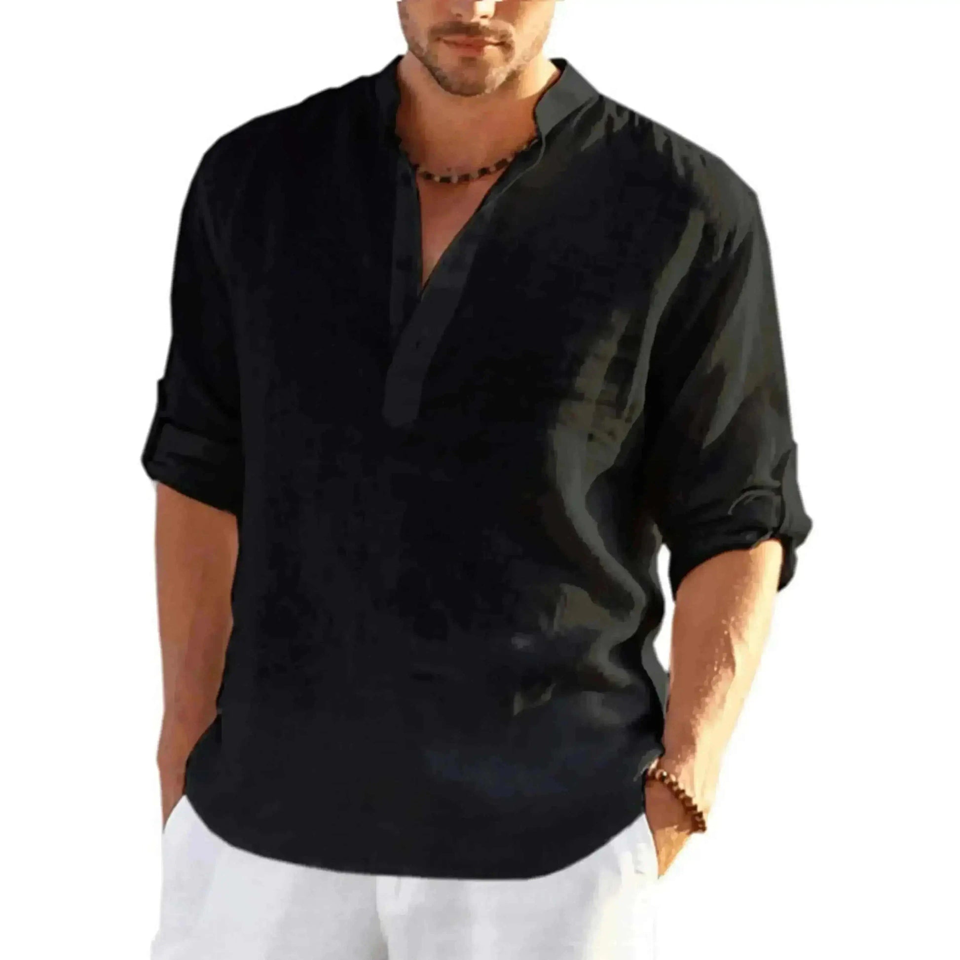 mens t shirt uk, Men's Casual Cotton Stand Collar Long Shirt