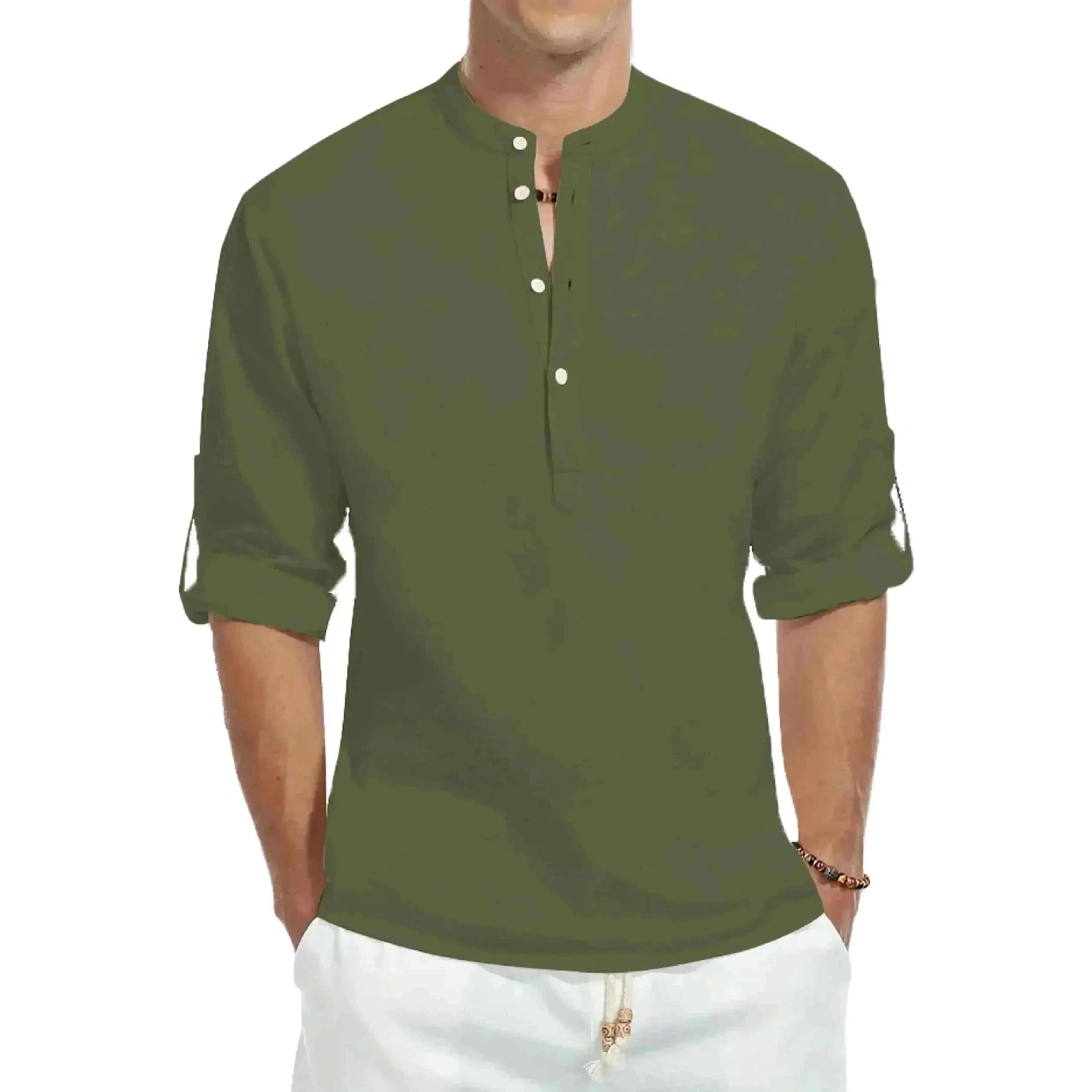 mens t shirt uk, Men's Casual Cotton Stand Collar Long Shirt