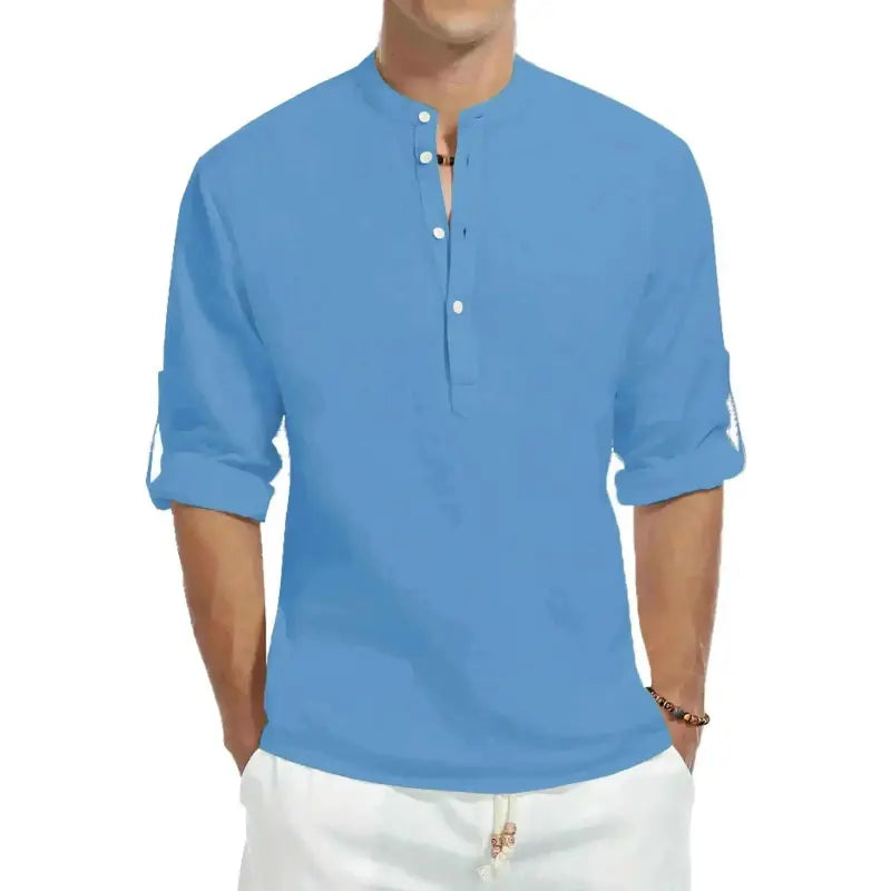 mens t shirt uk, Men's Casual Cotton Stand Collar Long Blue Shirt