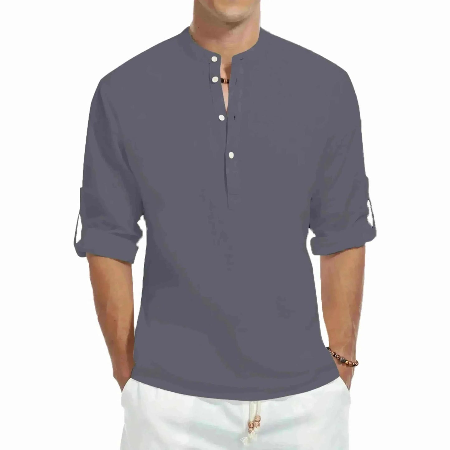 mens t shirt uk, Men's Casual Cotton Stand Collar Long Shirt