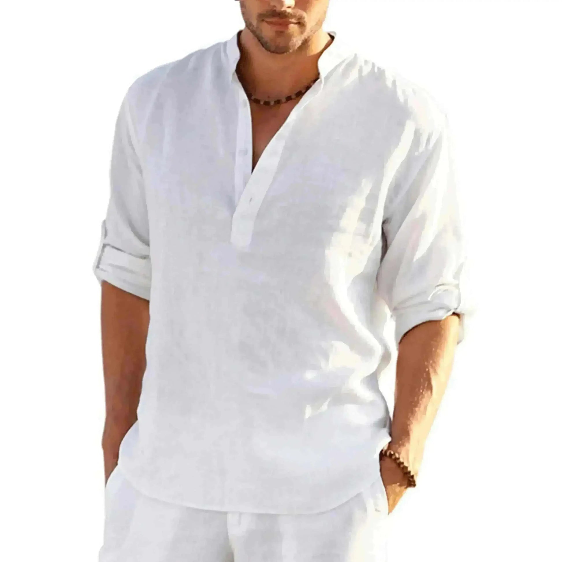 mens t shirt uk, Men's Casual Cotton Stand Collar Long Shirt