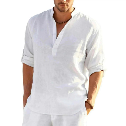mens t shirt uk, Men's Casual Cotton Stand Collar Long Shirt