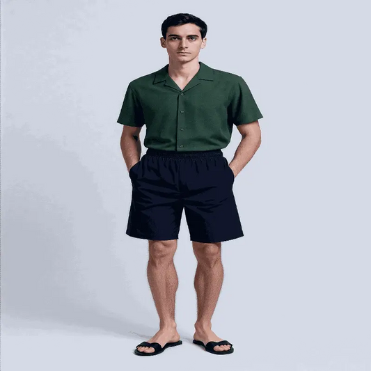 Model Wearing men sports Blue shorts.