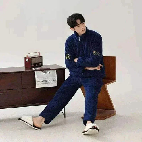 Men's Fashion Style Store Men Warm Flannel Pajamas Autumn Thicken Long-sleeved Trousers Two-Piece Set Winter Man Pyjamas Loose Comfortable Sleepwear Suit