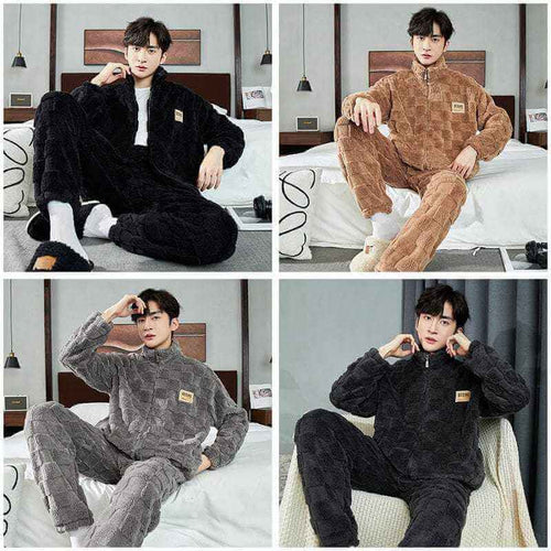 Men Warm Flannel Pajamas Autumn Thicken Long-sleeved Trousers Two-Piece Set Winter Man Pyjamas Loose Comfortable Sleepwear Suit.