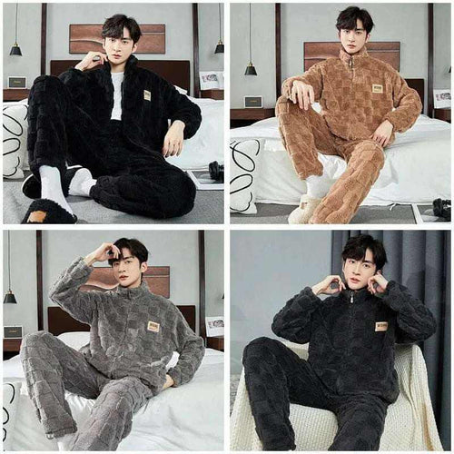 Men Warm Flannel Pajamas Autumn Thicken Long-sleeved Trousers Two-Piece Set Winter Man Pyjamas Loose Comfortable Sleepwear Suit.