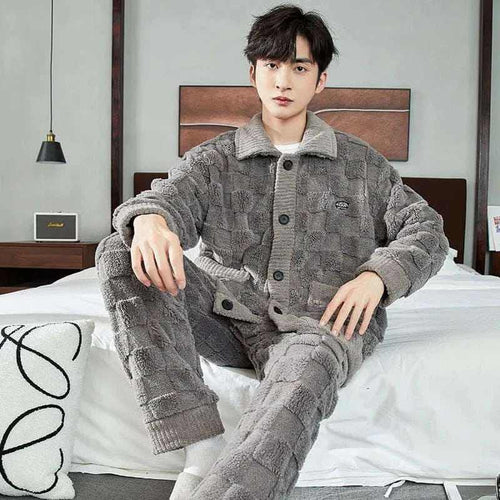 Men's Fashion Style Store Men Warm Flannel Pajamas Autumn Thicken Long-sleeved Trousers Two-Piece Set Winter Man Pyjamas Loose Comfortable Sleepwear Suit