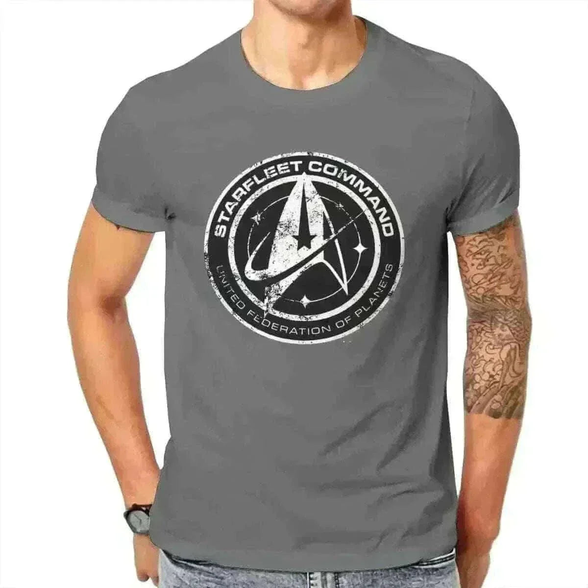 mens t shirt uk, Man Wearing Star Trek Discovery T-Shirt