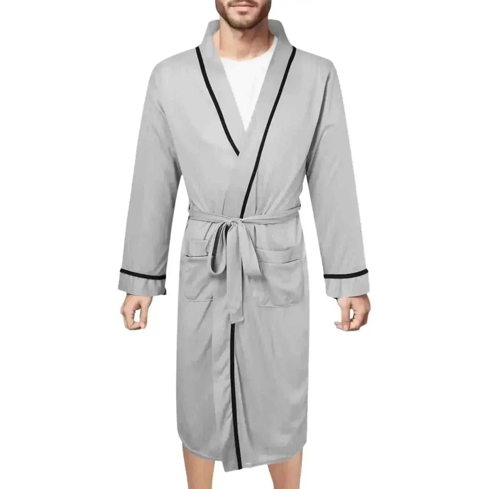 Men Bathrobe-Mens Cotton Bathrobe Spring And Summer Solid Color Lace-Up Men's Pajamas Home Wear Long Sleeve Male Bathrobe Dressing Night Gown.