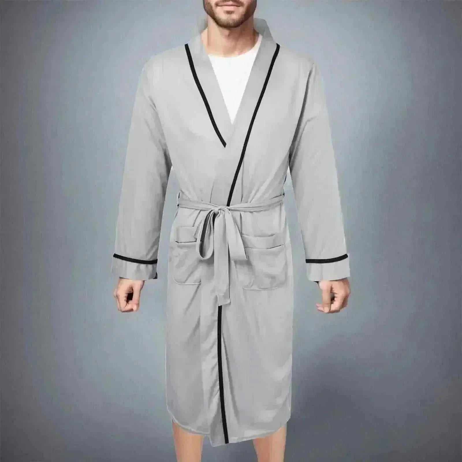 Men Bathrobe-Mens Cotton Bathrobe Spring And Summer Solid Color Lace-Up Men's Pajamas Home Wear Long Sleeve Male Bathrobe Dressing Night Gown.