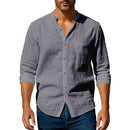 mens casual shirts uk | Cotton Linen Shirt for Men Henley Neck Solid Color Gray