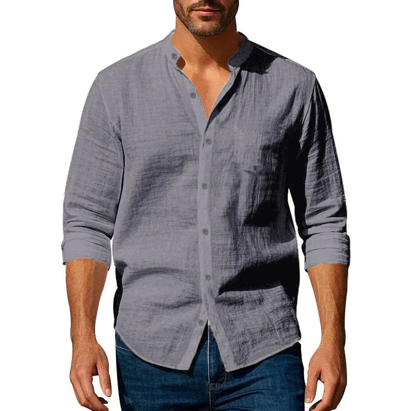 mens casual shirts uk | Cotton Linen Shirt for Men Henley Neck Solid Color Gray