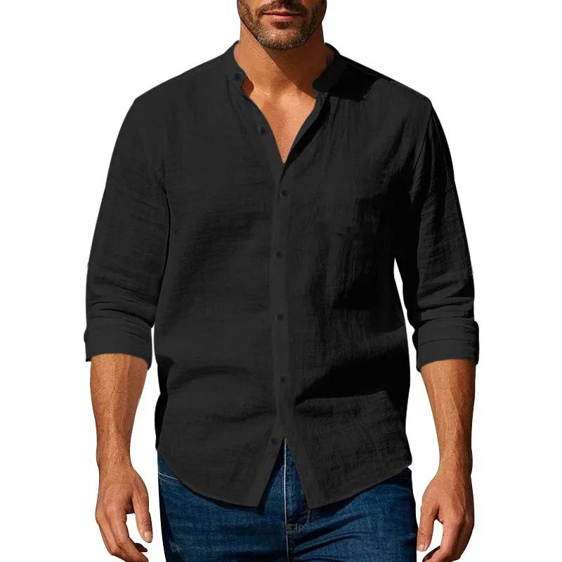 mens casual shirts uk | Cotton Linen Shirt for Men Henley Neck Solid Color Gray Black