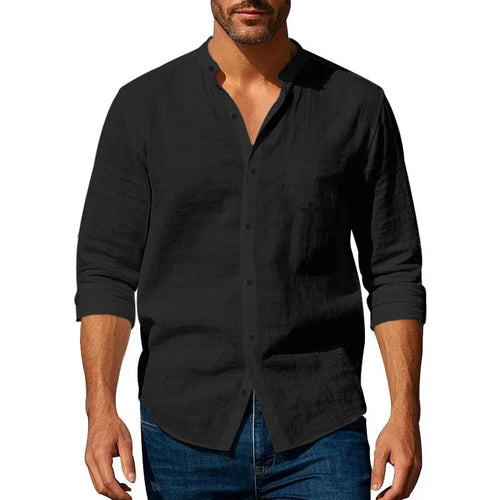 mens casual shirts uk | Cotton Linen Shirt for Men Henley Neck Solid Color Gray Black