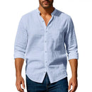 mens casual shirts uk | Cotton Linen Shirt for Men Henley Neck Solid Color Gray Blue
