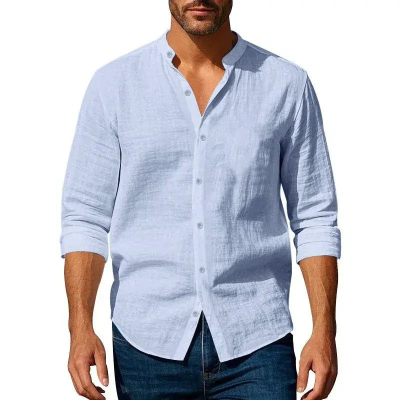 mens casual shirts uk | Cotton Linen Shirt for Men Henley Neck Solid Color Gray Blue