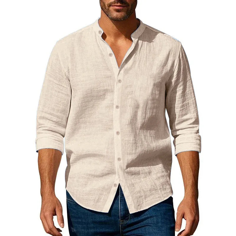 mens casual shirts uk | Cotton Linen Shirt for Men Henley Neck Solid Color Gray Khaki