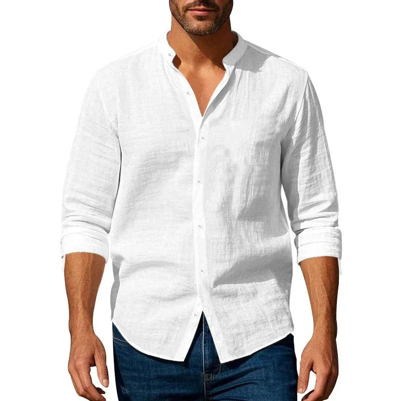 mens casual shirts uk | Cotton Linen Shirt for Men Henley Neck Solid Color Gray White