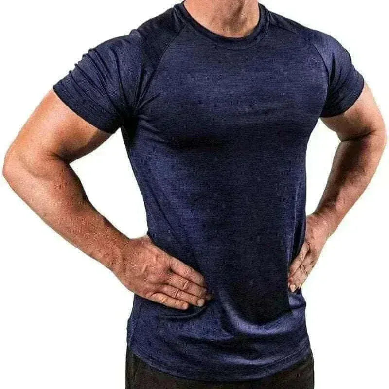 mens t shirt uk offers Men Muscle Navy Blue Shirts Bodybuilding Quick Dry Short Sleeve