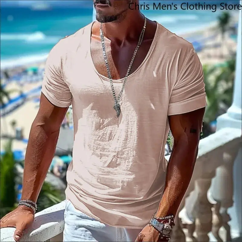 mens t shirts uk, Summer Men's Light Pink Casual T-shirt, Large-sized Round-neck Beige
