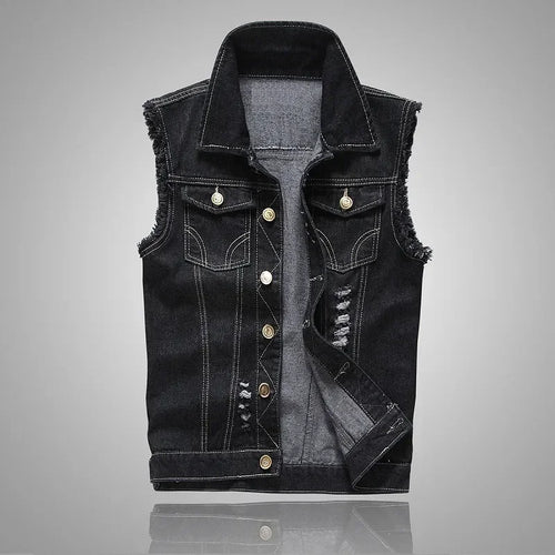 mens t shirts uk | Summer Mens Ripped Denim Vest Black