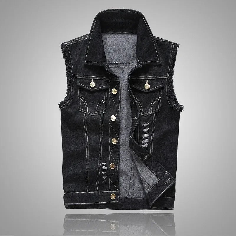 mens t shirts uk | Summer Mens Ripped Denim Vest Black