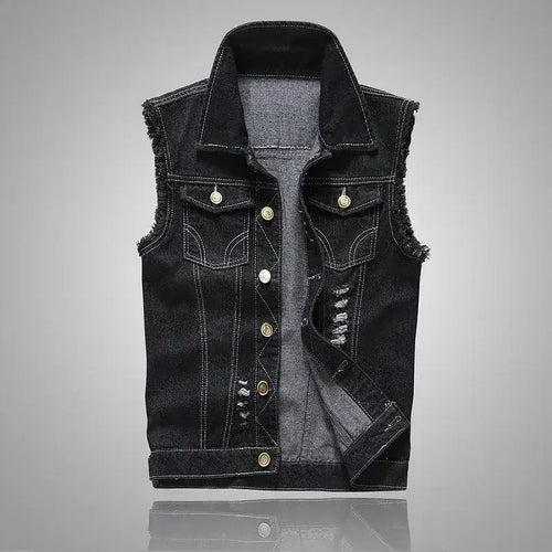 mens t shirts uk | Summer Mens Ripped Denim Vest Black