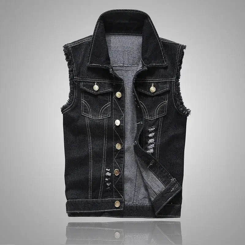 mens t shirts uk | Summer Mens Ripped Denim Vest Black