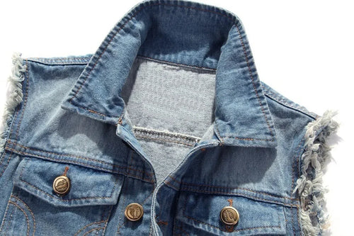 mens t shirts uk | Summer Mens Ripped Denim Vest Light Blue Back Front View