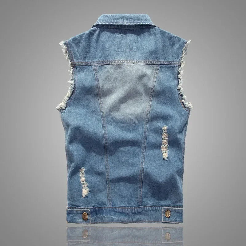 mens t shirts uk | Summer Mens Ripped Denim Vest Light Blue Back View