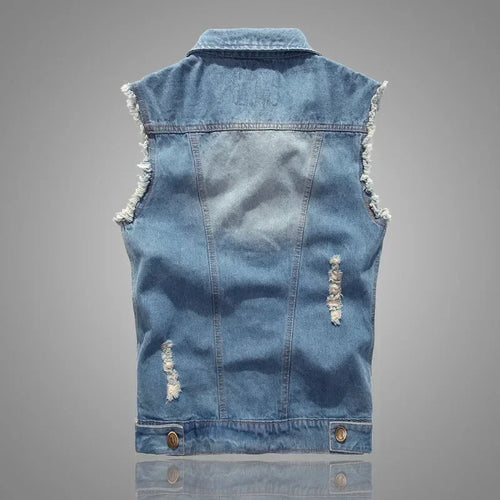 mens t shirts uk | Summer Mens Ripped Denim Vest Light Blue Back View
